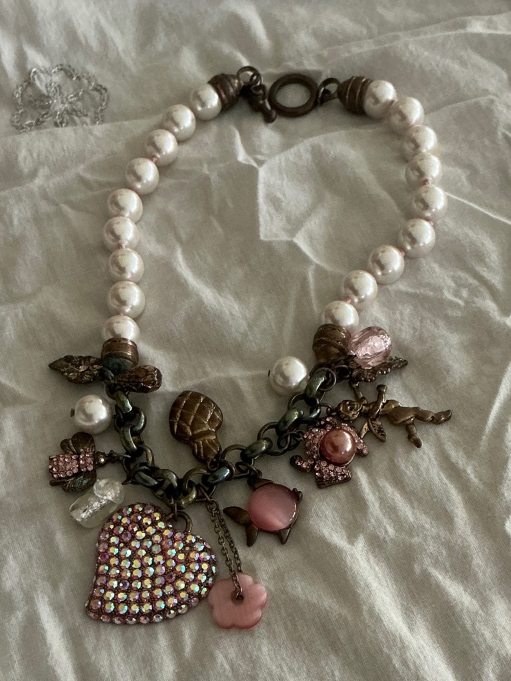 Pearl Bead Necklace with Pink Charm Heart and Mixed Charms